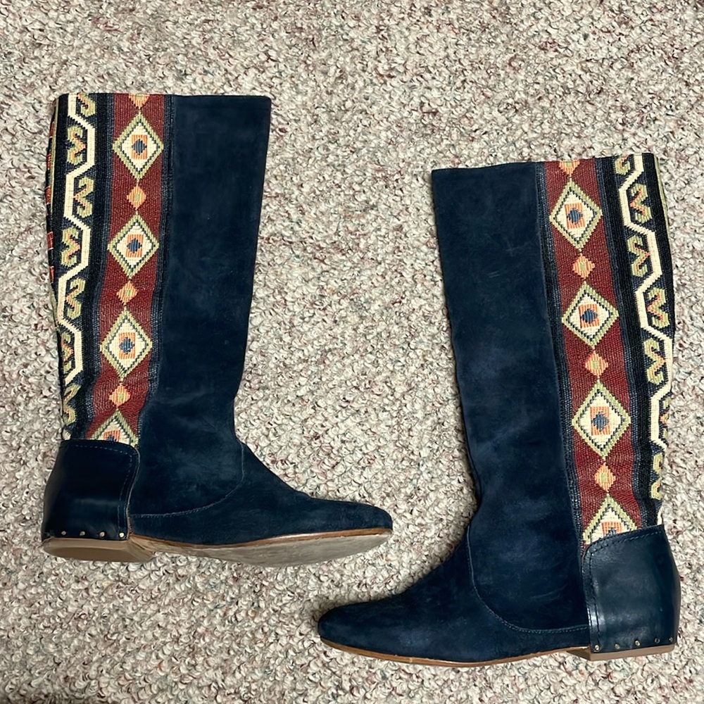 Sigerson Morrison suede western print boots with leather studded sock accent
